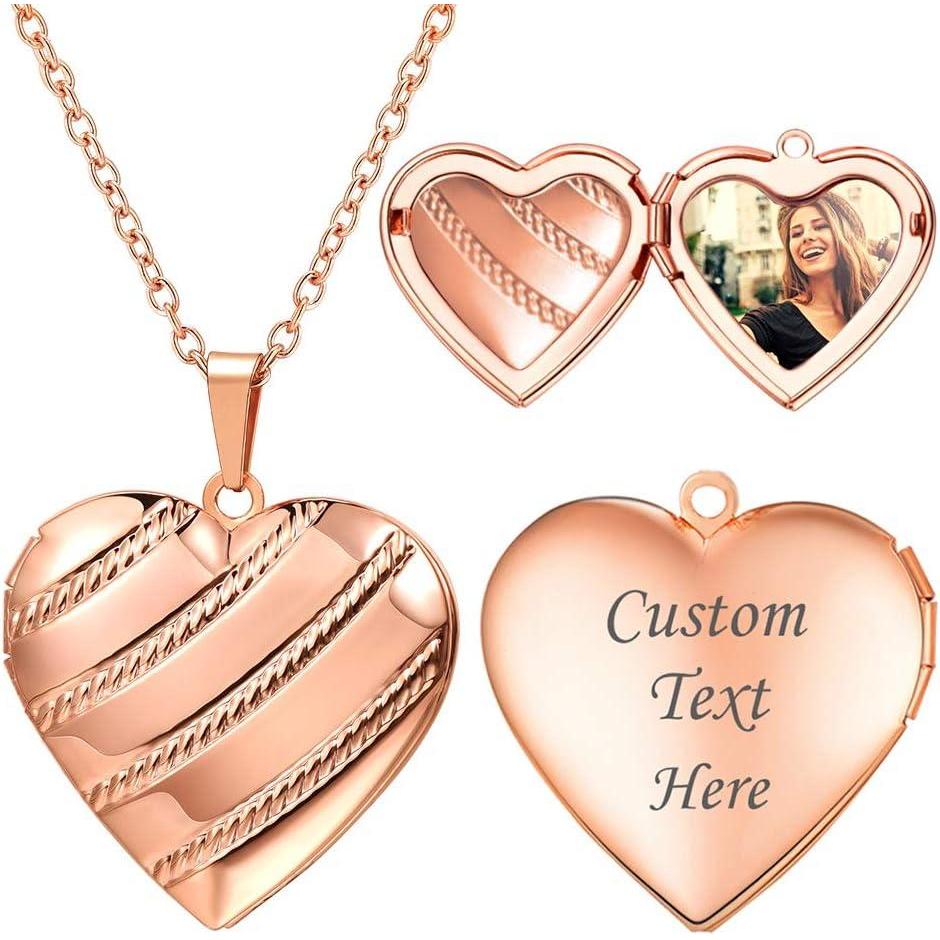 imageU7 Women Locket Necklace Platinum 14K Gold Photo Lockets that Hold PictureChain 20 Inch Personalized Gift Custom Love Heart Image Necklaces05 Rose Gold Stripe