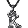 U7 Crown Initial Necklace Men Women, Bling Diamond A-Z 0-9 Letter Pendant with Wheat Chain, Silver/Black/Gold Plated CZ Alphabet Number Hip Hop Jersery for Father Husband(c. Black)