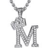 U7 Crown Initial Necklace Men Women, Bling Diamond A-Z 0-9 Letter Pendant with Wheat Chain, Silver/Black/Gold Plated CZ Alphabet Number Hip Hop Jersery for Father Husband(b. Steel)