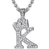 U7 Crown Initial Necklace Men Women, Bling Diamond A-Z 0-9 Letter Pendant with Wheat Chain, Silver/Black/Gold Plated CZ Alphabet Number Hip Hop Jersery for Father Husband(b. Steel)