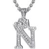 U7 Crown Initial Necklace Men Women, Bling Diamond A-Z 0-9 Letter Pendant with Wheat Chain, Silver/Black/Gold Plated CZ Alphabet Number Hip Hop Jersery for Father Husband(b. Steel)