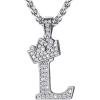 U7 Crown Initial Necklace Men Women, Bling Diamond A-Z 0-9 Letter Pendant with Wheat Chain, Silver/Black/Gold Plated CZ Alphabet Number Hip Hop Jersery for Father Husband(b. Steel)