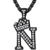 U7 Crown Initial Necklace Men Women, Bling Diamond A-Z 0-9 Letter Pendant with Wheat Chain, Silver/Black/Gold Plated CZ Alphabet Number Hip Hop Jersery for Father Husband(c. Black)