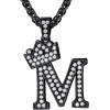 U7 Crown Initial Necklace Men Women, Bling Diamond A-Z 0-9 Letter Pendant with Wheat Chain, Silver/Black/Gold Plated CZ Alphabet Number Hip Hop Jersery for Father Husband(c. Black)