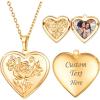 U7 Locket Necklace for Women, Silver/Gold/Rose Gold Custom Photo Text Necklaces, Flower Heart/Round Shape Personalized Picture Pendant Necklace 18 Inch(01-Gold Flower Heart)
