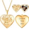 U7 Locket Necklace for Women, Silver/Gold/Rose Gold Custom Photo Text Necklaces, Flower Heart/Round Shape Personalized Picture Pendant Necklace 18 Inch(01-Gold Flower Heart)