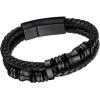 U7 Mens Leather Bracelet with Stainless Steel Clasp, Leather Cuff Bracelet in Skull or Wrap Style Black Bracelets for Husband(d.Bead-Black)