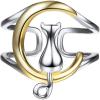SILVERCUTE 925 Sterling Silver Band Rings Cat Rings for Women,Adjustable 925 Silver/18K Gold Plated Band Ring,Cat/Panda Ring(Crescent Moon Cat-Silver)