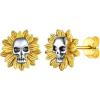 SILVERCUTE Skull Stud Earrings, Men Womens Personalized Punk Gothic Earrings, Sterling Silver Bat/Fire/Skeleton/Skull Hand Earrings for Halloween Party, Hypoallergenic(09-Sunflower Skull)