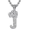 U7 Crown Initial Necklace Men Women, Bling Diamond A-Z 0-9 Letter Pendant with Wheat Chain, Silver/Black/Gold Plated CZ Alphabet Number Hip Hop Jersery for Father Husband(b. Steel)