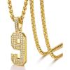 U7 Gold Initial Number Necklace for Men Women, 18K Gold/Silver Plated Diamond CZ Letter Pendant Necklace Big A-Z 0-9 Hip Hop Jersey, Customerized Letter Wheat Chain 22 Inch for Athletes Rappers(9-Gold)