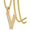 U7 Gold Initial Number Necklace for Men Women, 18K Gold/Silver Plated Diamond CZ Letter Pendant Necklace Big A-Z 0-9 Hip Hop Jersey, Customerized Letter Wheat Chain 22 Inch for Athletes Rappers(V-Gold)