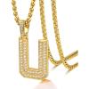 U7 Gold Initial Number Necklace for Men Women, 18K Gold/Silver Plated Diamond CZ Letter Pendant Necklace Big A-Z 0-9 Hip Hop Jersey, Customerized Letter Wheat Chain 22 Inch for Athletes Rappers(U-Gold)