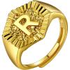 U7 Initial Ring Wedding Band for Men Women 18K Gold Plated Statement Hexagon A-Z Letter Jewelry Personalized Stackable Signet Rings(R)