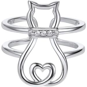 SILVERCUTE 925 Sterling Silver Band Rings Cat Rings for Women,Adjustable 925 Silver/18K Gold Plated Band Ring,Cat/Panda Ring(Crystal Cat-Silver)