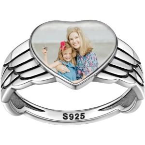 SILVERCUTE 925 Sterling Silver Band Rings Cat Rings for Women,Adjustable 925 Silver/18K Gold Plated Band Ring,Cat/Panda Ring(Heart&Wing-Silver (Custom))
