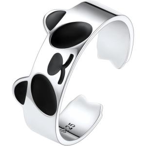 SILVERCUTE 925 Sterling Silver Band Rings Cat Rings for Women,Adjustable 925 Silver/18K Gold Plated Band Ring,Cat/Panda Ring(Panda-Silver)