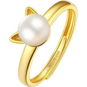 SILVERCUTE 925 Sterling Silver Band Rings Cat Rings for Women,Adjustable 925 Silver/18K Gold Plated Band Ring,Cat/Panda Ring(Pearl Cat-Gold)