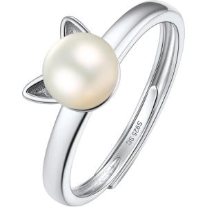 SILVERCUTE 925 Sterling Silver Band Rings Cat Rings for Women,Adjustable 925 Silver/18K Gold Plated Band Ring,Cat/Panda Ring(Pearl Cat-Silver)