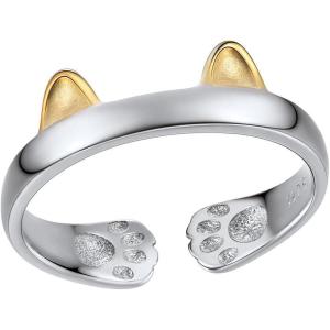 SILVERCUTE 925 Sterling Silver Band Rings Cat Rings for Women,Adjustable 925 Silver/18K Gold Plated Band Ring,Cat/Panda Ring(Print Claw-Silver)
