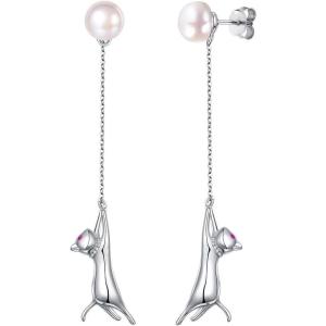 SILVERCUTE 925 Sterling Silver Earrings for Women,Silver Cat/Dinosaur/Devil Horn/Leaf/Snake/Skeleton Various Stud Earrings or Ear Cuffs(01.cat dangle earrings)