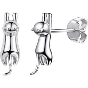 SILVERCUTE 925 Sterling Silver Earrings for Women,Silver Cat/Dinosaur/Devil Horn/Leaf/Snake/Skeleton Various Stud Earrings or Ear Cuffs(02.silver cat stud earrings)