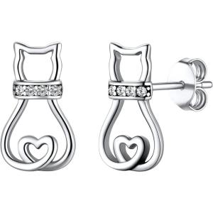 SILVERCUTE 925 Sterling Silver Earrings for Women,Silver Cat/Dinosaur/Devil Horn/Leaf/Snake/Skeleton Various Stud Earrings or Ear Cuffs(03.cz cat stud)