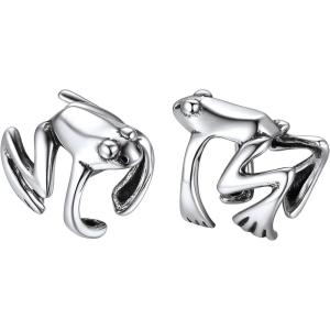 SILVERCUTE 925 Sterling Silver Earrings for Women,Silver Cat/Dinosaur/Devil Horn/Leaf/Snake/Skeleton Various Stud Earrings or Ear Cuffs(07.Frog cuff/1 pair)
