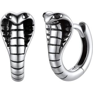 SILVERCUTE 925 Sterling Silver Earrings for Women,Silver Cat/Dinosaur/Devil Horn/Leaf/Snake/Skeleton Various Stud Earrings or Ear Cuffs(10.Cobra snake hoop)