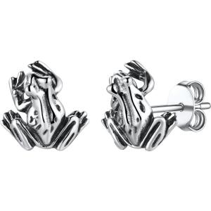 SILVERCUTE 925 Sterling Silver Earrings for Women,Silver Cat/Dinosaur/Devil Horn/Leaf/Snake/Skeleton Various Stud Earrings or Ear Cuffs(13.Frog stud/1 pair)