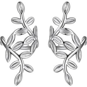 SILVERCUTE 925 Sterling Silver Earrings for Women,Silver Cat/Dinosaur/Devil Horn/Leaf/Snake/Skeleton Various Stud Earrings or Ear Cuffs(16.Leaf cuff/1 pair)