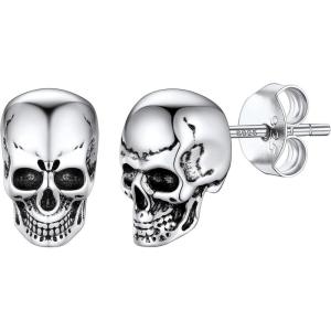 SILVERCUTE 925 Sterling Silver Earrings for Women,Silver Cat/Dinosaur/Devil Horn/Leaf/Snake/Skeleton Various Stud Earrings or Ear Cuffs(21.Skeleton stud/1 pair)