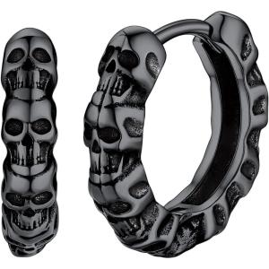 SILVERCUTE 925 Sterling Silver Earrings for Women,Silver Cat/Dinosaur/Devil Horn/Leaf/Snake/Skeleton Various Stud Earrings or Ear Cuffs(25.Skull hoop/black)