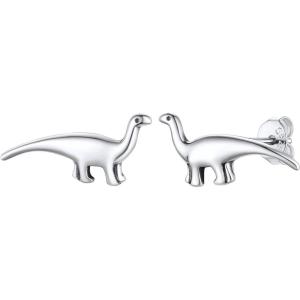 SILVERCUTE 925 Sterling Silver Earrings for Women,Silver Cat/Dinosaur/Devil Horn/Leaf/Snake/Skeleton Various Stud Earrings or Ear Cuffs(f.Brontosaurus stud/1 pair)