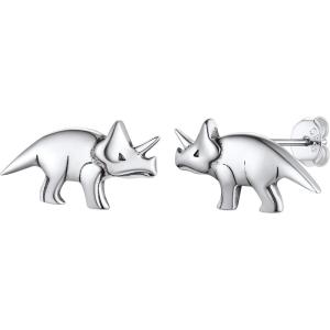 SILVERCUTE 925 Sterling Silver Earrings for Women,Silver Cat/Dinosaur/Devil Horn/Leaf/Snake/Skeleton Various Stud Earrings or Ear Cuffs(f.Triceratops stud/1 pair)
