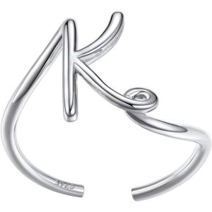 SILVERCUTE S925 Initial Rings, Adjustable Size 6-12 Statement Alphabet Letter A-Z Jewelry Personalized Twisted Initials Rings Sterling Silver Stacking Ring for Women(Silver K)