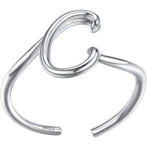 SILVERCUTE S925 Initial Rings, Adjustable Size 6-12 Statement Alphabet Letter A-Z Jewelry Personalized Twisted Initials Rings Sterling Silver Stacking Ring for Women(Silver C)