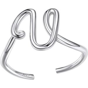 SILVERCUTE S925 Initial Rings, Adjustable Size 6-12 Statement Alphabet Letter A-Z Jewelry Personalized Twisted Initials Rings Sterling Silver Stacking Ring for Women(Silver U)