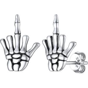 SILVERCUTE Skull Stud Earrings, Men Womens Personalized Punk Gothic Earrings, Sterling Silver Bat/Fire/Skeleton/Skull Hand Earrings for Halloween Party, Hypoallergenic(06-F*ck You)