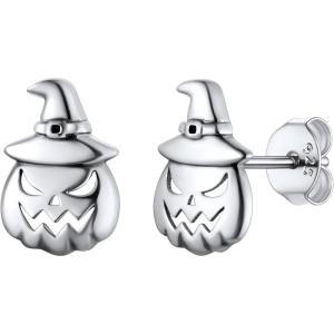 SILVERCUTE Skull Stud Earrings, Men Womens Personalized Punk Gothic Earrings, Sterling Silver Bat/Fire/Skeleton/Skull Hand Earrings for Halloween Party, Hypoallergenic(08-Pumpkin)