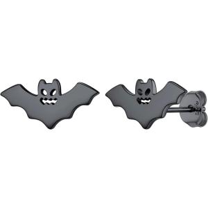 SILVERCUTE Skull Stud Earrings, Men Womens Personalized Punk Gothic Earrings, Sterling Silver Bat/Fire/Skeleton/Skull Hand Earrings for Halloween Party, Hypoallergenic(04-Bat Black)