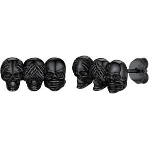 SILVERCUTE Skull Stud Earrings, Men Womens Personalized Punk Gothic Earrings, Sterling Silver Bat/Fire/Skeleton/Skull Hand Earrings for Halloween Party, Hypoallergenic(02-3 Skull Heads Black)