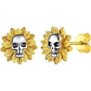 SILVERCUTE Skull Stud Earrings, Men Womens Personalized Punk Gothic Earrings, Sterling Silver Bat/Fire/Skeleton/Skull Hand Earrings for Halloween Party, Hypoallergenic(09-Sunflower Skull)