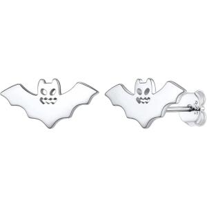 SILVERCUTE Skull Stud Earrings, Men Womens Personalized Punk Gothic Earrings, Sterling Silver Bat/Fire/Skeleton/Skull Hand Earrings for Halloween Party, Hypoallergenic(04-Bat Silver)