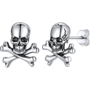 SILVERCUTE Skull Stud Earrings, Men Womens Personalized Punk Gothic Earrings, Sterling Silver Bat/Fire/Skeleton/Skull Hand Earrings for Halloween Party, Hypoallergenic(12-Criss Skull Silver)