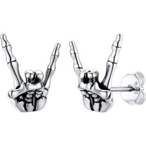 SILVERCUTE Skull Stud Earrings, Men Womens Personalized Punk Gothic Earrings, Sterling Silver Bat/Fire/Skeleton/Skull Hand Earrings for Halloween Party, Hypoallergenic(01-Rock Sign Silver)