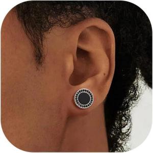 U7 925 Sterling Silver Black Onyx Stud Earrings with Viking Rune Cubic Zirconia Earrings for Men Women(3.Round Onyx-Side Rune with CZ-Silver)