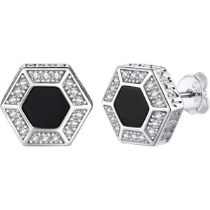 U7 925 Sterling Silver Black Onyx Stud Earrings with Viking Rune Cubic Zirconia Earrings for Men Women(9.Hexagon Onyx with CZ-Silver)