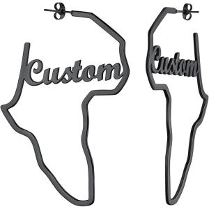 U7 African Map Earrings, Stainless Steel/Black/18K Gold Plated Exaggerated Hollow Out Earrings,Africa Dangle Earrings, Map of Africa Stud Earrings, Custom Name Earrings for Women(Custom Name-Personalized Black-75MM)