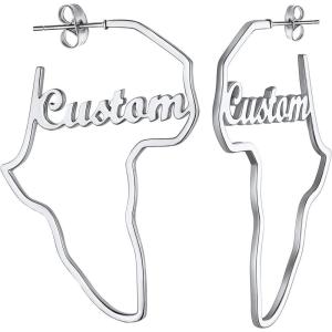 U7 African Map Earrings, Stainless Steel/Black/18K Gold Plated Exaggerated Hollow Out Earrings,Africa Dangle Earrings, Map of Africa Stud Earrings, Custom Name Earrings for Women(Custom Name-Stainless-45MM)